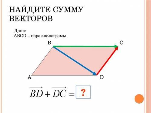 ЗАДАЧА С ВЕКТОРАМИ Дано: параллелограмм ABCD Найти:вектор BD+вектор DC