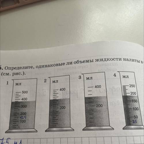 Ne 6 (упр. 3) 5. Определите, одинаковые ли объемы жидкости налиты в мен. зурки (см. рис.).