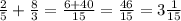 \frac{2}{5} + \frac{8}{3} = \frac{6 + 40}{15} = \frac{46}{15} = 3\frac{1}{15}