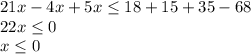 21x-4x+5x\le18+15+35-68\\22x\le0\\x\le0