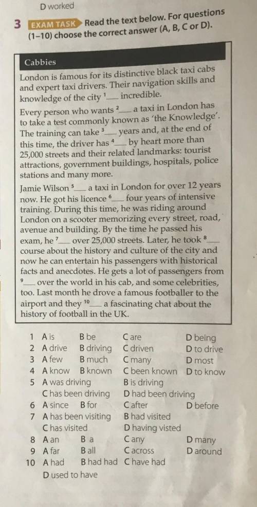 3 ЕХАМ ТASK Read the text below. questions (1-10) choose the correct answer (A, B, C or D). Cabbies