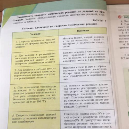 3. В таблице 1 указаны условия, влияющие на скорость химических реакций, и даны примеры. Назовите дл