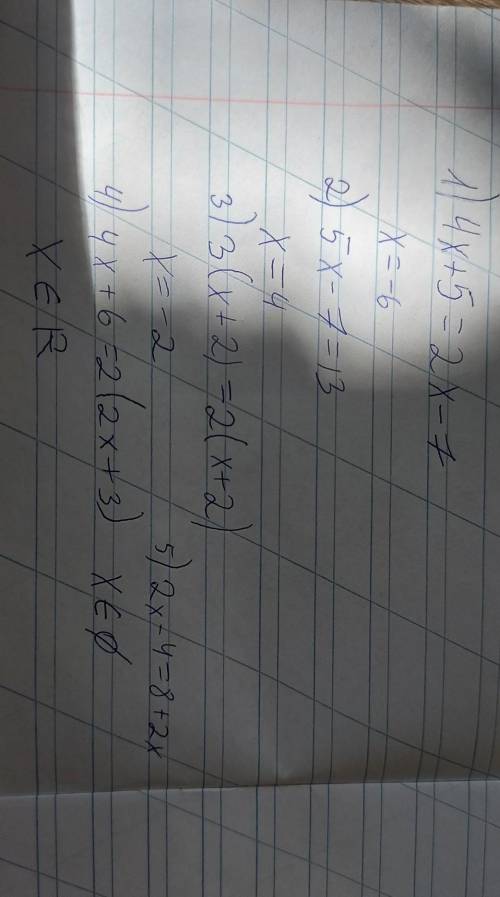 нужно это решить 1) 4x + 5 = 2x - 72) 5x - 7 = 133) 3(x+2) = 2(x+2)4) 4x + 6 = 2(2x + 3)5)2x - 4 = 8