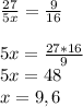 \frac{27}{5x} =\frac{9}{16} 5x=\frac{27*16}{9}\\5x=48\\x=9,6