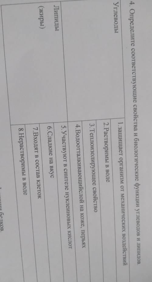 4. Определите соответствующие свойства и биологические функции углеводов и лепило Углеводы 1. защища