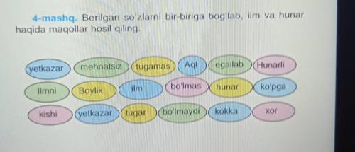 4-mashq. Berilgan so'zlarni bir-biriga bogʻlab, ilm va hunar haqida maqollar hosil qiling. yetkazar