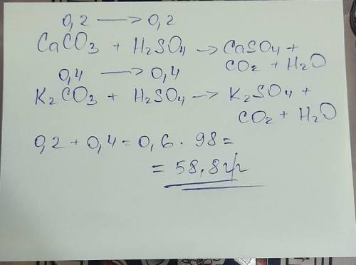 Какая масса сульфатной кислоты необходима для взаимодействия с смесью содержащей 0,2 моль кальций ка