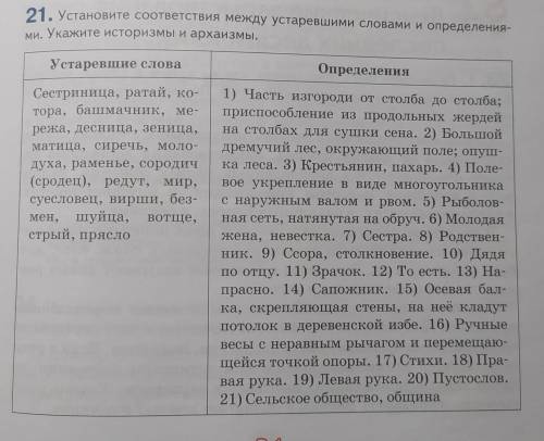 Установите соответствия между устаревшими словами и определениями. Укажите историзмы и архаизмы