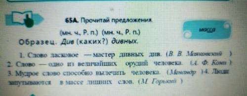 65A. Прочитай предложения.(мн. ч., Р. п.) (мн. ч., Р. п.)Образец: Див (каких?) дивных.1. Слово ласко