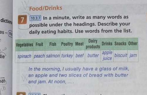 In a minute, write as many words as possible under the headings. Describe your daily eating habits.