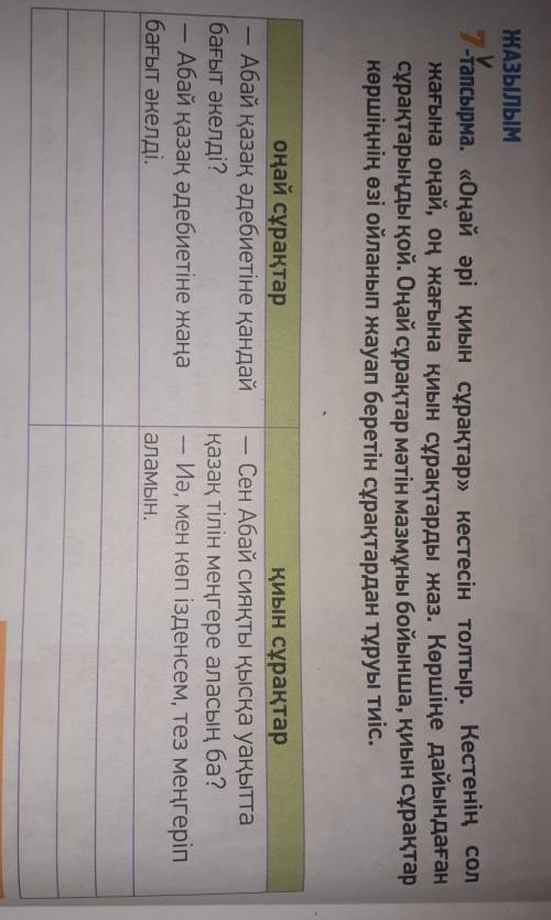 «Оңай әрі қиын сұрақтар» кестесін толтыр. Кестенің сол жағына оңай, оң жағына қиын сұрақтарды жаз. К