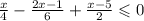 \frac{x}{4} - \frac{2x - 1}{6} + \frac{x - 5}{2} \leqslant 0