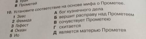 1 Зевс А бог кузнечного дела 2 Фемида Б вершит расправу над Прометеем 3 repect В сочувствует Промете