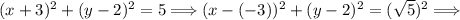 (x+3)^2+(y-2)^2=5\Longrightarrow (x-(-3))^2+(y-2)^2=(\sqrt{5} )^2\Longrightarrow