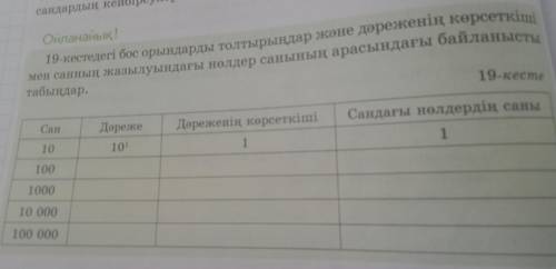 Заполните пробелы в таблице 19 и найдите связь между показателем степени и числом нулей в падении чи