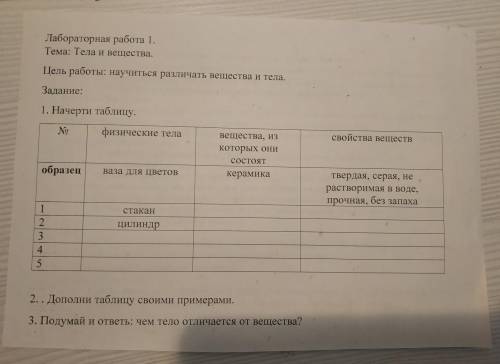 1. Дополни таблицу примерами 2. Подумай и ответь: чем тело отличается от вещества. !