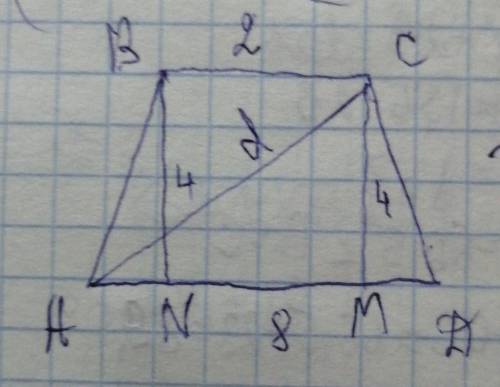 В равнобедренной трапеции ABCD стороны AD и ВС являются основаниями. Основания равны 2 и 8. Боковые