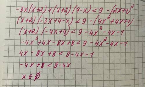 Решите неравенство: - 3х(х+2) + (х+2) (4-х)<9 - (2х+1)²