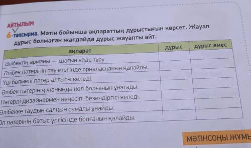 АЙТЫЛЫМ 6-тапсырма. Мәтін бойынша ақпараттың дұрыстығын көрсет. Жауап дұрыс болмаған жағдайда дұрыс