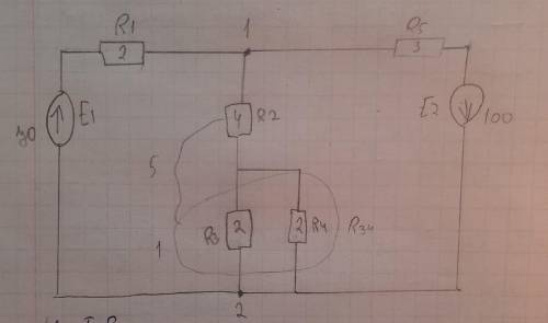 Рассчитать электрическую цепь методом узлового напряжения. Дано: E1 = 70, E2 = 100, R1 = 2, R2 = 4,