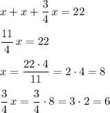 x+x+\dfrac{3}{4}\, x=22dfrac{11}{4}\, x=22x=\dfrac{22\cdot 4}{11}=2\cdot 4=8dfrac{3}{4}\, x=\dfrac{3}{4}\cdot 8=3\cdot 2=6