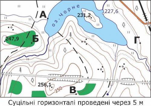 Яка абсолютна висота точки А? А)230 м Б)225 м В)256,1 м Г)227,6