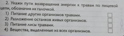 2. Укажи пути возвращения энергии к травам по пищевой цепи, обозначив их галочкой. 1) Питание других