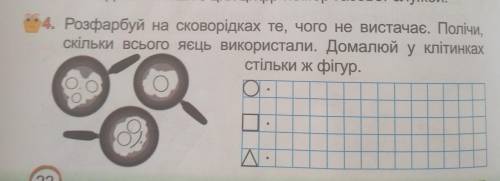 Розфарбуй на сковорідках те, чого не вистачає. Полічи, Скільки всього яєць використали. Домалюй у кл
