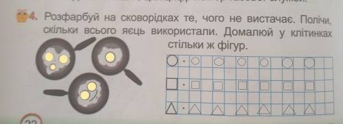 Розфарбуй на сковорідках те, чого не вистачає. Полічи, Скільки всього яєць використали. Домалюй у кл