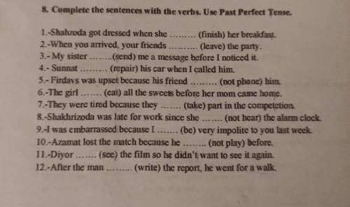 Complete the sentence with the verbs.Use Past perfect Tense