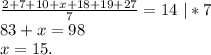 \frac{2+7+10+x+18+19+27}{7}=14\ |*7\\83+x=98\\x=15.