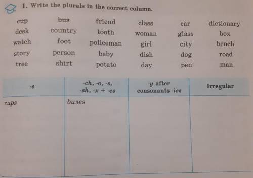 1. Write the plurals in the correct column. eup bus friend class car dictionary box desk tooth woman