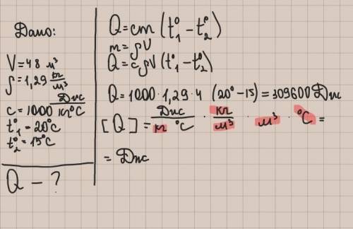 температура повітря в кімнаті об'ємом 48³ збільшилась від 15⁰C до 20⁰C яка кількість теплоти отримал