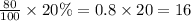 \frac{80}{100} \times 20\% = 0.8 \times 20 = 16