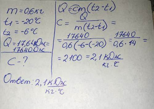Кусок льда массой 0,6 кг нагревают от −20°C до −6°C, затрачивая при этом количество теплоты 17,64 кД