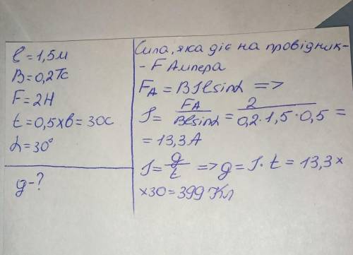 На провідник, активна довжина якого 1,5 м, в однорідному магнітному полі з індукцією 0,2 Tл діє сила