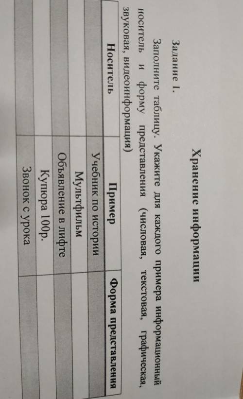 Хранение информации Задание 1. носитель Заполните таблицу. Укажите для каждого примера информационны