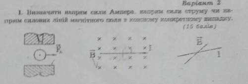 Визначити напрям сили ампера, напрям сили струму чи напрям силових ліній магнітного поля в кожному к