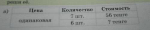 А) Цена Количество 7 шт. 6 шт. Стоимость 56 тенге ? тенге одинаковая