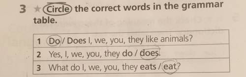 3 Circle the correct words in the grammar table. 1 Do/Does I, we, you, they like animals? 2 Yes, I,