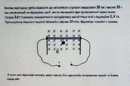 Вантаж якої маси треба підвісити до металевого стержня завдовжки 20 см і масою 25 г, що закріплений