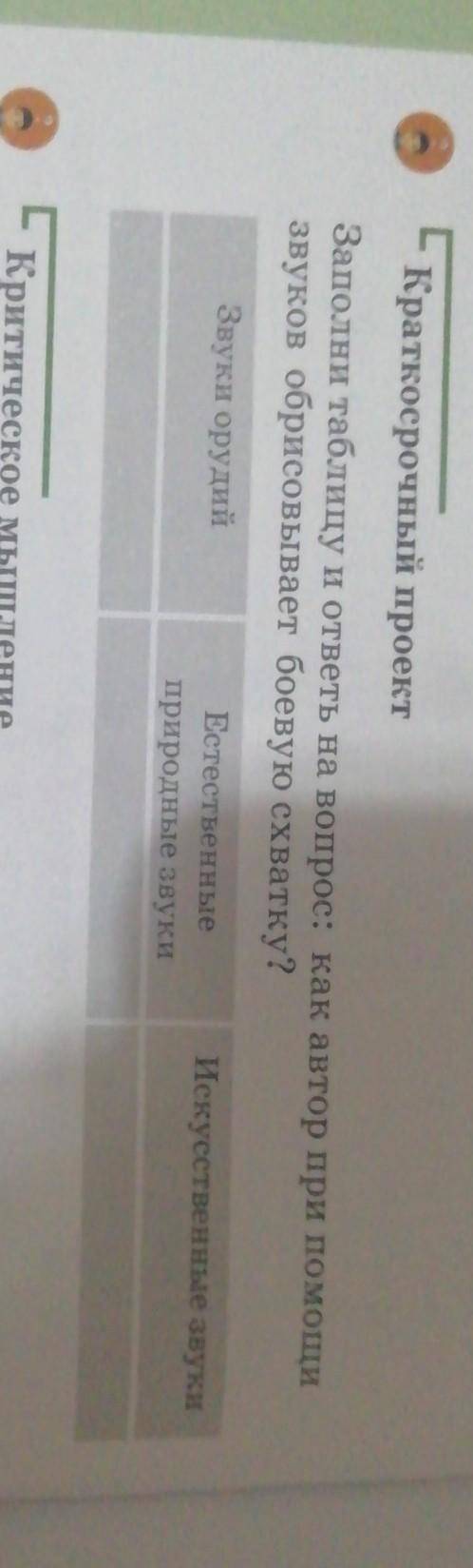 Заполни таблицу и ответь на вопрос: как автор при звуков обрисовывает боевую схватку? Звуки орудийЕс