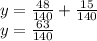 y = \frac{48}{140} + \frac{15}{140} \\ y = \frac{63}{140}