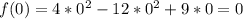 f(0) = 4 * 0^{2} - 12 * 0^{2} + 9 * 0 = 0