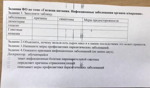 Задания ФО по теме «Гигиена питания. Инфекционные заболевания органов п/варения». Задание 1. Заполни