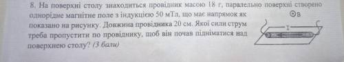 на поверхні столу знаходиться провідник масою 18 г, паралельно поверхні створено однорідне магнітне