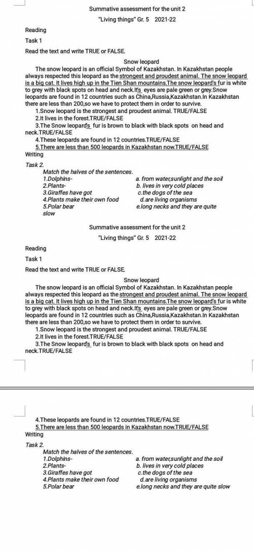 Summative assessment for the unit 2 Living things