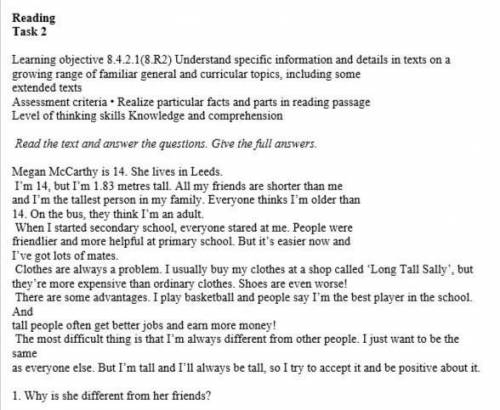 Reading Task 2 Learning objective 8.4.2.1(8.R2) Understand specific information and details in texts