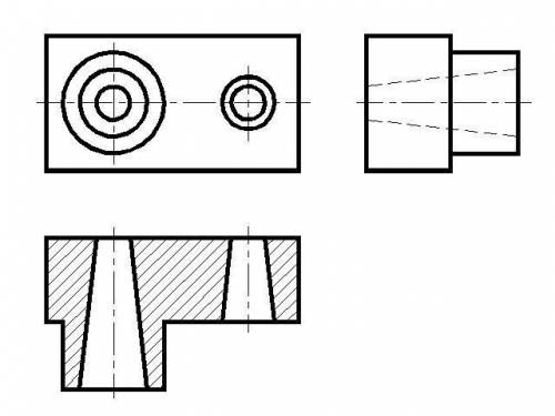 по черчению . По двум видам детали построить третий, выполнить целесообразный разрез, нанести все ви