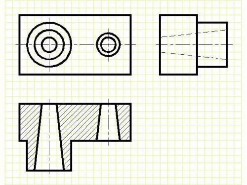 по черчению . По двум видам детали построить третий, выполнить целесообразный разрез, нанести все ви